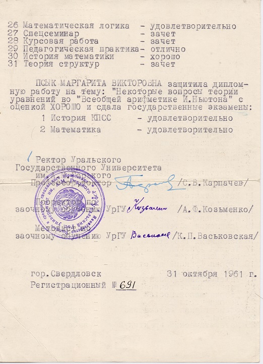 Приложение к диплому УрГУ. 1961 год